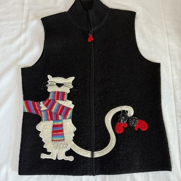 Coldwater Creek Size Medium Wool Vest Sleeveless Winter Cat Mock Neck Zip Front - Picture 1 of 7